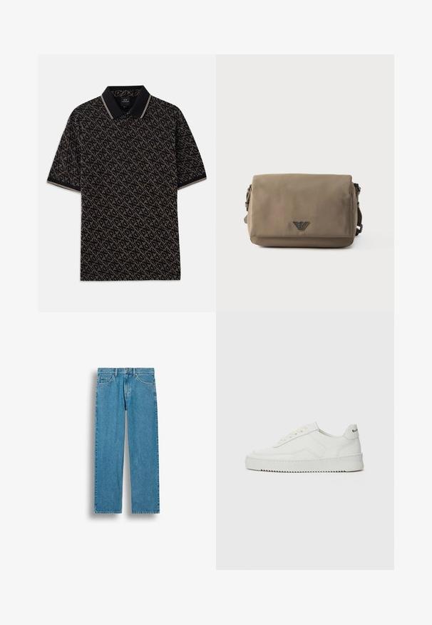 Sort polo skjorte med et geometrisk guld mønster, korte ærmer og en klassisk krave med diskrete stribede detaljer.; Blå straight-leg jeans i denim med forlommer, bæltestropper og knaplukning, vist mod en hvid baggrund.; Hvide lædersneakers med en glat overflade, rund tå, flade snørebånd og en tekstureret sål. Har et diskret logo på hælen.; Rektangulær taupe crossbody-taske med klaplukning og lille metal logoemblem centreret på forsiden mod en hvid baggrund.