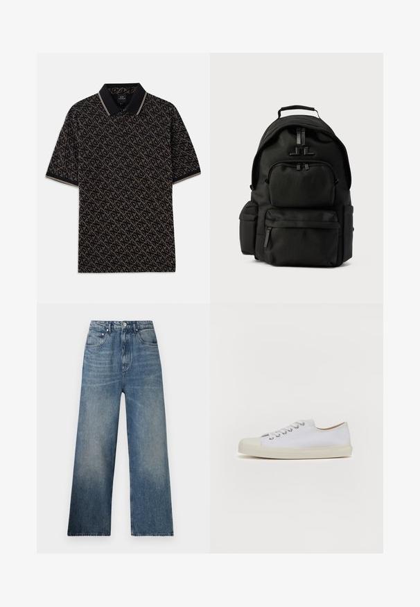 Zwarte polo met een geometrisch gouden patroon, korte mouwen en een klassieke kraag met subtiele gestreepte accenten.; Blauwe denim wijdgerande jeans met een hoge taille, voorzien van subtiele vervaging, vijf zakken en een metalen knoopsluiting aan de voorkant.; Witte canvas sneakers met ronde neus, platte crèmekleurige rubberen zool, zes oogjes voor veters en subtiele stikdetails op de bovenkant.; Zwarte nylon rugzak met meerdere met rits afsluitbare vakken en een bovenste handvat, afgebeeld tegen een effen lichte achtergrond.