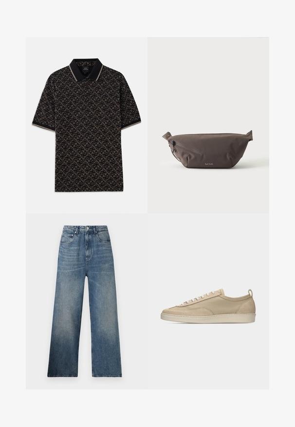 Camisa polo negra con un patrón geométrico dorado, de mangas cortas y un cuello clásico que presenta sutiles acentos a rayas.; Jeans de mezclilla azul de pierna ancha con cintura alta, que presentan un desgaste sutil, cinco bolsillos y un cierre de botón metálico en la parte delantera.; Zapatilla baja beige con parte superior de tela y ante, cordones blancos, suela de goma y lengüeta en el talón, mostrada de perfil sobre fondo blanco.; Riñonera de tela marrón oscuro con bolsillo diagonal con cremallera y pequeño logo blanco en el frontal, sobre un fondo liso y claro.
