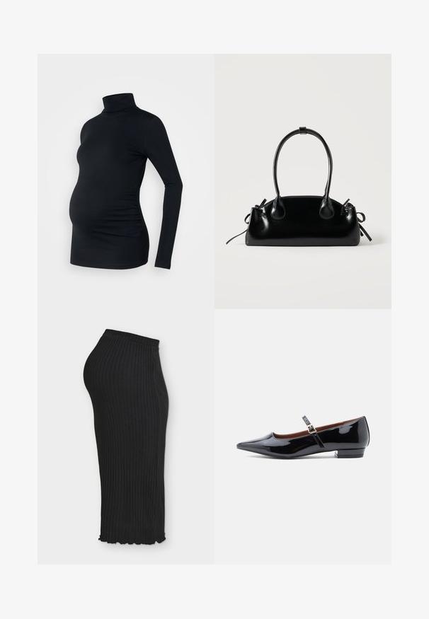 Zwarte lange mouwen turtleneck top van rekbaar materiaal, ontworpen om een zwangere buik te accommoderen, met ruching details aan de zijkanten.; Zwarte geribbelde gebreide midirok met elastische tailleband en subtiele gerimpelde zoom tegen een witte achtergrond.; Zwarte gepatineerde leren Mary Jane ballerina met spitse neus en kleine hak, voorzien van een verstelbare band met een gouden gesp.; Kleine zwarte glanzende handtas met twee lange hengsels en zijkant trekkoord details op een effen lichte achtergrond.