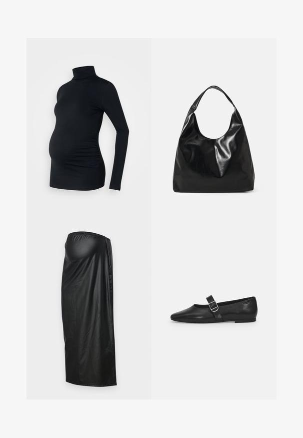 Zwarte lange mouwen turtleneck top van rekbaar materiaal, ontworpen om een zwangere buik te accommoderen, met ruching details aan de zijkanten.; Zwarte, glanzende, knie-lange rok van schijnbaar synthetische stof met een elastische tailleband en een zijnaad voor een soepele Silhouet.; Zwarte leren platte schoen met een ronde neus, een enkele verstelbare gespsluiting en een gladde, glanzende textuur. Minimalistisch ontwerp met een lage hak.; Zwarte leren hobo tas met een zachte, glanzende textuur en een ronde, open bovenkant. Voorzien van een brede, gebogen schouderband om te dragen. Geen zichtbare hardware.