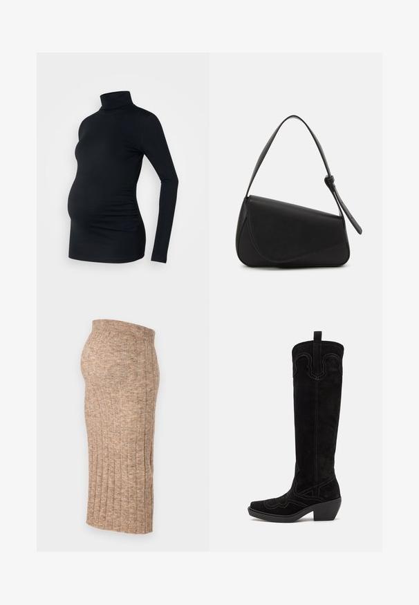 Zwarte lange mouwen turtleneck top van rekbaar materiaal, ontworpen om een zwangere buik te accommoderen, met ruching details aan de zijkanten.; Bruine geribbelde rok met een elastische taille, knielengte, met een soepele textuur en een consistent patroon, zijaanzicht weergegeven tegen een witte achtergrond.; Zwarte suède cowboylaarzen tot op de knie met puntige neuzen, decoratieve stiksels en een zware hak. Heeft een lus aan de achterkant.; Zwart leren handtas met een driehoekige vorm, schuine klep en een ronde handgreep. Heeft een gladde textuur en minimalistische ontwerpelementen.