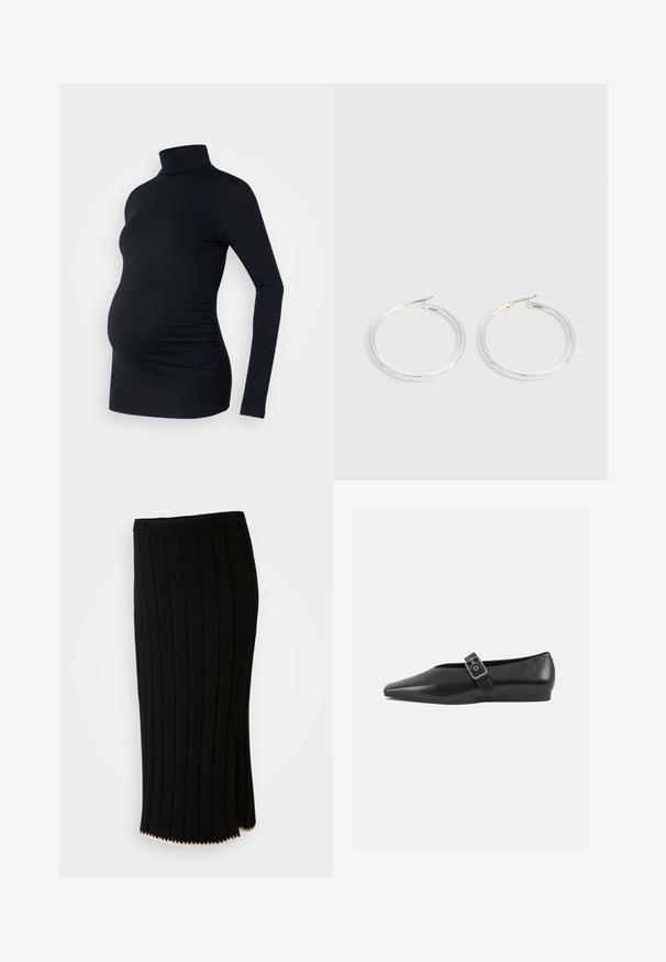 Sort langærmet turtleneck top i strækbart stof, designet til at rumme en gravid mave, med detaljeret side ruching.; Sort strikket nederdel med lodrette ribbinger, en tætsiddende talje og en sideskade med en dekorativ guldaccent i kanten.; Sorte læder flade sko med spidse tæer, prydet med en metallisk spænde over vristen og en lav, fleksibel sål.; Par skinnende sølvøreringe med tynde trådlåse, vist på en lys grå baggrund.