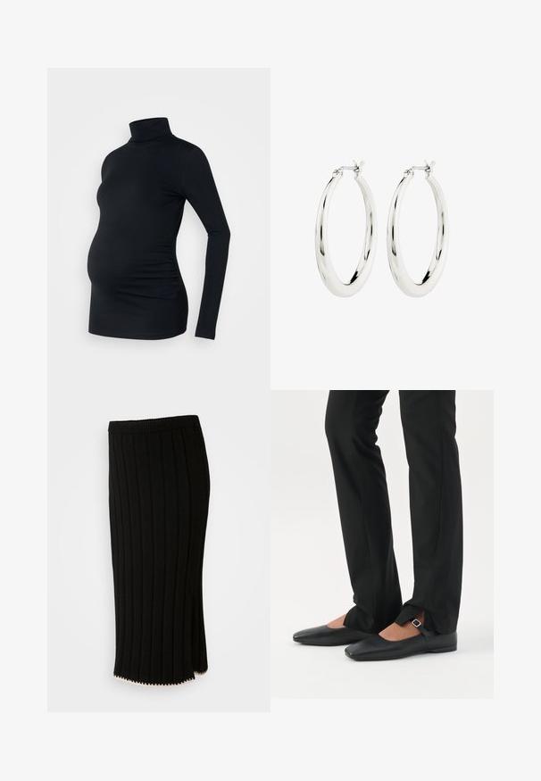 Top negro de manga larga con cuello de tortuga, fabricado con un material elástico, diseñado para adaptarse a una barriga de embarazada, con detalle de fruncido lateral.; Falda de punto negra con nervadura vertical, cintura ajustada y una abertura lateral con un acento decorativo dorado en el dobladillo.; Piernas con pantalones ajustados negros con aberturas frontales en el dobladillo, combinados con zapatos planos Mary Jane negros con una pequeña correa con hebilla.; Pendientes de aro de plata con un acabado suave y brillante. Forma circular, con un cierre seguro. Diseño sencillo y elegante.