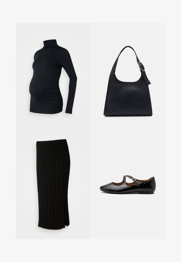 Sort langærmet turtleneck top i strækbart stof, designet til at rumme en gravid mave, med detaljeret side ruching.; Sort strikket nederdel med lodrette ribbinger, en tætsiddende talje og en sideskade med en dekorativ guldaccent i kanten.; Sort laklæder Mary Jane-flad sko med to udskæringer og en guldbuckelrem på hvid baggrund.; Sort læder tote taske med en glat overflade, rund form og en enkelt skulderrem med et cirkulært guld hardware-ornament.