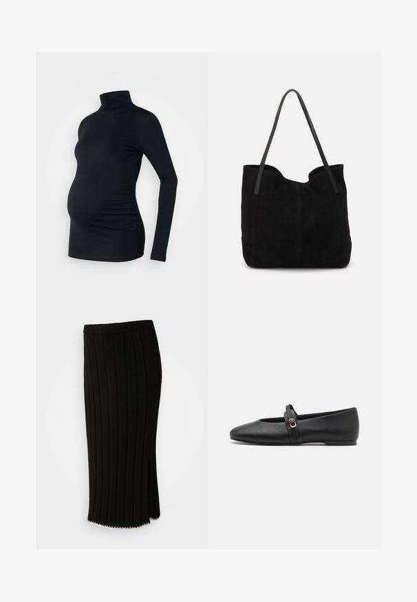 Sort langærmet turtleneck top i strækbart stof, designet til at rumme en gravid mave, med detaljeret side ruching.; Sort strikket nederdel med lodrette ribbinger, en tætsiddende talje og en sideskade med en dekorativ guldaccent i kanten.; Sorte læder flade sko med rund tå-design, der har en tynd rem med en guld spænde dekor på vristen.; Sort ruskinds totemed med to lange, flade læderremme. Har en buet topkant og synlige stikninger langs forsiden. Ingen hardware-dekorationer.