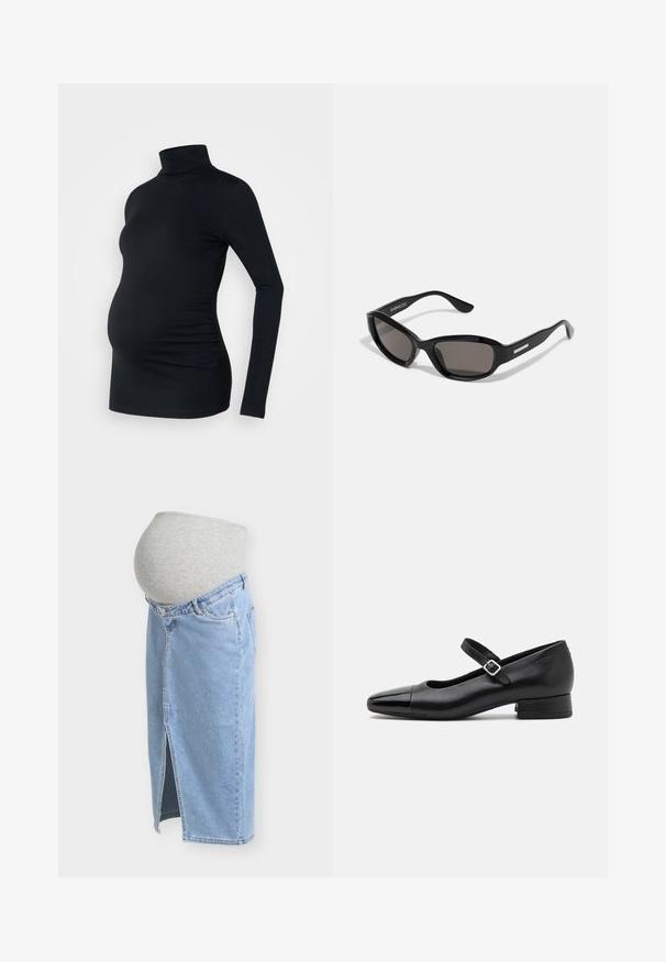 Sort langærmet turtleneck top i strækbart stof, designet til at rumme en gravid mave, med detaljeret side ruching.; Mavevenlig denimnederdel med grå elastisk panel i taljen og frontslids, designet for komfort under graviditeten.; Sorte læder Mary Jane-sko med en patenttå, justerbar ankelrem og lav blokhæl. Glat tekstur og strømlinet design.; Sorte solbriller med rektangulært stel, mørke linser, glat plastmateriale og en metalaccent på templet.