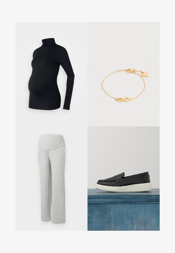 Top negro de manga larga con cuello de tortuga, fabricado con un material elástico, diseñado para adaptarse a una barriga de embarazada, con detalle de fruncido lateral.; Pantalones de chándal de algodón gris con una cinturilla ancha y elástica y cordón ajustable. Presentan un diseño de pierna recta y una textura suave.; Mocasín de cuero negro con suela blanca flotando sobre un piso gris, con barras metálicas verticales desenfocadas y planta verde al fondo.; Pulsera de cadena de oro con un símbolo de infinito, un pequeño detalle de gema transparente, cierre de langosta seguro y un adorno triangular.