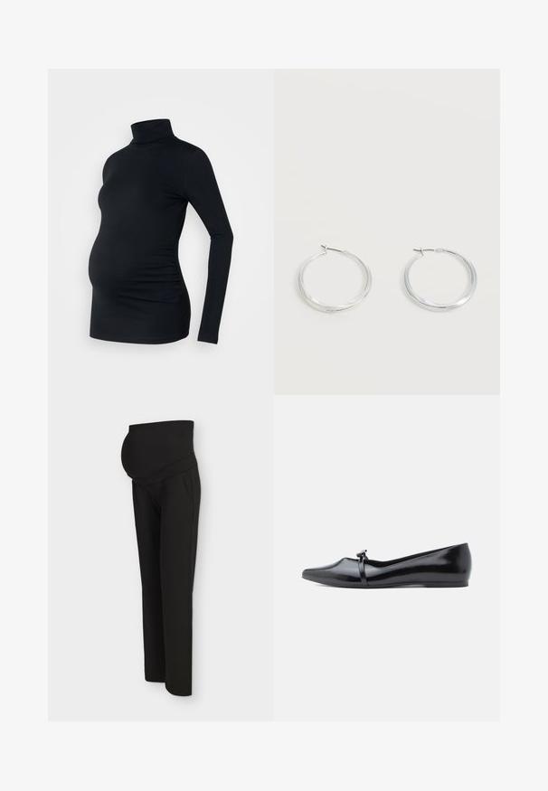 Top negro de manga larga con cuello de tortuga, fabricado con un material elástico, diseñado para adaptarse a una barriga de embarazada, con detalle de fruncido lateral.; Pantalones de maternidad negros con cintura elástica alta, diseñados para ajustarse cómodamente sobre una barriga de embarazada, mostrados sobre un fondo claro.; Bailarina de charol negro con punta afilada, correa decorativa y textura lisa. Diseño minimalista sin adornos visibles.; Pendientes de aro de metal plateado con superficie lisa y ligeramente curvada y cierre de tipo mosquetón sobre un fondo blanco liso.