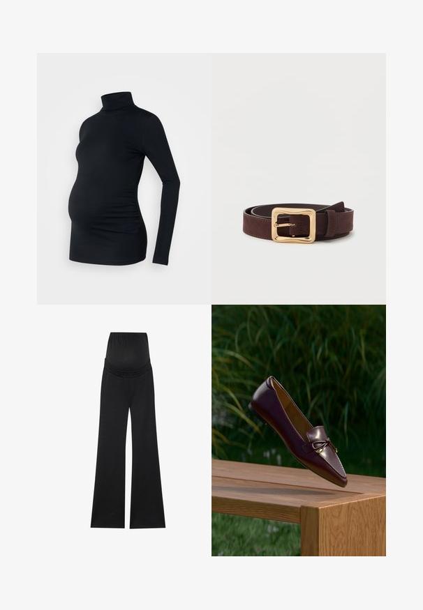 Sort langærmet turtleneck top i strækbart stof, designet til at rumme en gravid mave, med detaljeret side ruching.; Sorte graviditetsbukser med bred talje og flagrende ben. Fremstillet af blødt, strækbart stof for komfort. Ingen synlige mønstre eller metaldele.; Brun læder loafer med sløjfedetalje, der svæver over en træbænk, grønne blade sløret i baggrunden.; Mørkebrunt læderbælte med en bred gylden firkantet spænde, samlet fladt på en hvid overflade.