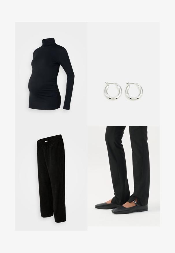 Zwarte lange mouwen turtleneck top van rekbaar materiaal, ontworpen om een zwangere buik te accommoderen, met ruching details aan de zijkanten.; Zwarte corduroybroek met een relaxed fit, met een elastische tailleband en een cropped lengte. Zachte textuur met een verticale ribbelpatroon.; Benen met zwarte smalle broek met voorsplitten aan de zoom, gecombineerd met zwarte platte Mary Jane-schoenen met een klein gespje.; Zilveren oorbellen in de vorm van een ring met een gepolijste afwerking, met een cirkelvorm en een scharnierende postsluiting. Glad oppervlak met minimale details.