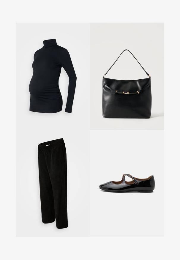 Zwarte lange mouwen turtleneck top van rekbaar materiaal, ontworpen om een zwangere buik te accommoderen, met ruching details aan de zijkanten.; Zwarte corduroybroek met een relaxed fit, met een elastische tailleband en een cropped lengte. Zachte textuur met een verticale ribbelpatroon.; Zwarte lakleren Mary Jane platte schoen met twee uitsparingen en een gouden gespbandje op een witte achtergrond.; Zwarte leren schoudertas met een enkele band en een klein gouden gespsdetail aan de voorkant tegen een effen lichte achtergrond.