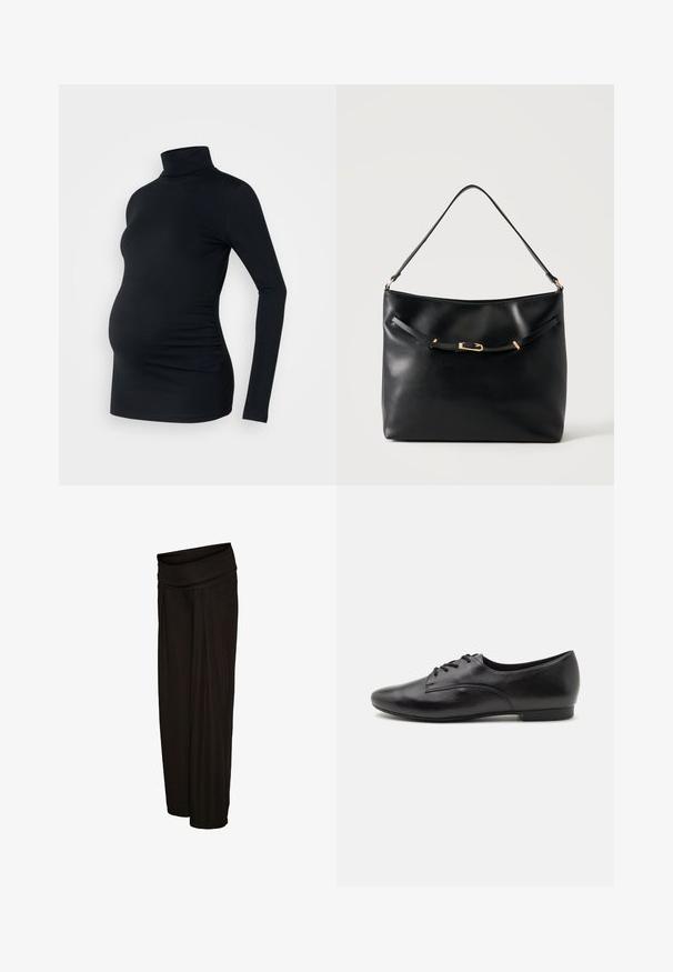Zwarte lange mouwen turtleneck top van rekbaar materiaal, ontworpen om een zwangere buik te accommoderen, met ruching details aan de zijkanten.; Zwarte wijde broekspijpen met een omgevouwen tailleband en een losse pasvorm, gemaakt van lichtgewicht stof.; Zwarte leren veterschoenen met een gladde textuur, ronde neus, lage hak en eenvoudig ontwerp. Zijaanzicht dat de slanke vorm en stiksels benadrukt.; Zwarte leren schoudertas met een enkele band en een klein gouden gespsdetail aan de voorkant tegen een effen lichte achtergrond.