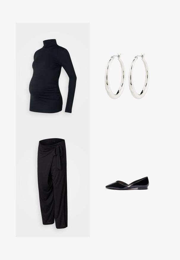 Schwarzes Langarm-Turtleneck-Oberteil aus dehnbarem Stoff, das für einen schwangeren Bauch konzipiert ist und mit seitlichen Raffung-Details versehen ist.; Schwarze, locker sitzende Hosen aus weichem Stoff mit einem Bindegürtel in der Taille, ausgestattet mit einem drapierten Design und cropped Länge.; Schwarze Lackleder-Ballerinas mit spitzer Zehenform, V-förmigem oberen Teil, schlankem, flachem Absatz und glatter Textur. Minimalistisches Design ohne sichtbare Beschläge.; Silberne Creolen mit einer glatten, glänzenden Oberfläche. Kreisform, ausgestattet mit einem sicheren Verschluss. Einfaches und elegantes Design.