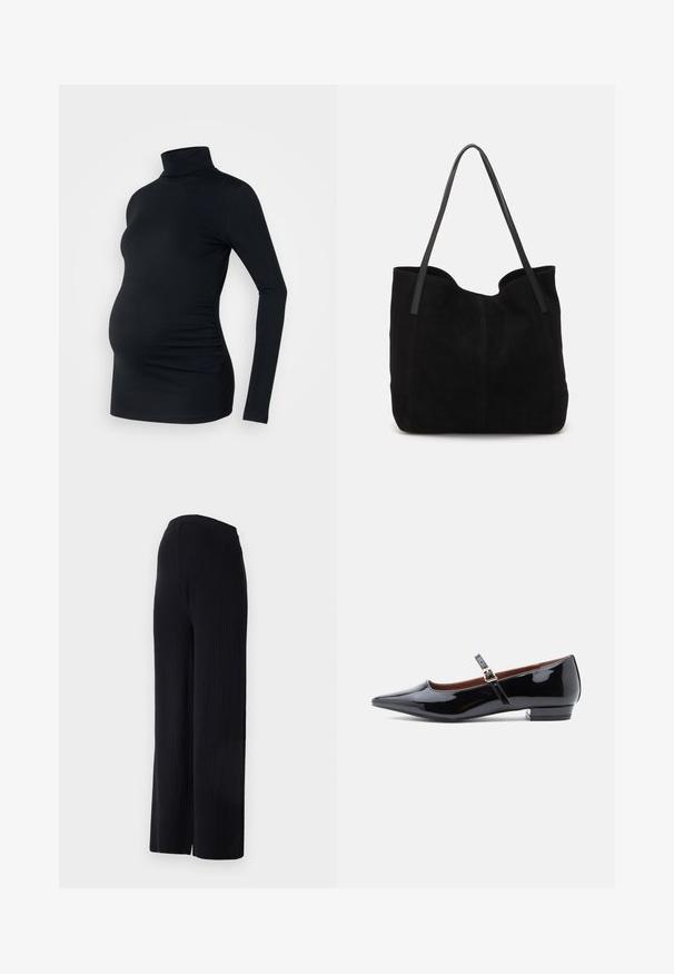 Top negro de manga larga con cuello de tortuga, fabricado con un material elástico, diseñado para adaptarse a una barriga de embarazada, con detalle de fruncido lateral.; Even&Odd Maternity FULL LENGTH WIDE RIB PANTS M-EV4_SS22_2-1-A_011 - Pernera ancha - black; Zapato plano Mary Jane de charol negro con punta afilada y tacón bajo, con una correa ajustable y hebilla dorada.; Bolso de mano de ante negro con dos correas de cuero largas y planas. Presenta un borde superior curvado y costuras visibles en la parte frontal. Sin acentos de metal.