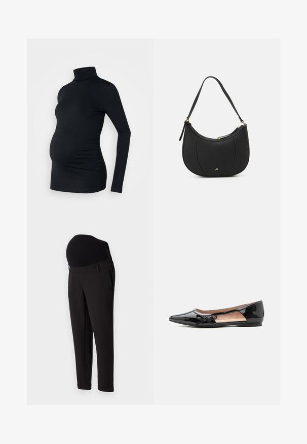 Sort langærmet turtleneck top i strækbart stof, designet til at rumme en gravid mave, med detaljeret side ruching.; Sorte maternitetbukser med høj elastisk talje og tapered ben design. Stoffet har en glat tekstur med en let glans.; Sort laklæder flad sko med spids tå, sideudskæring og lille dekorativ sløjfe på ydersiden.; Sort læderhåndtaske med en buet form, struktureret overflade, forreste syninger og et logo i guldfarve. Har en enkelt justerbar rem.