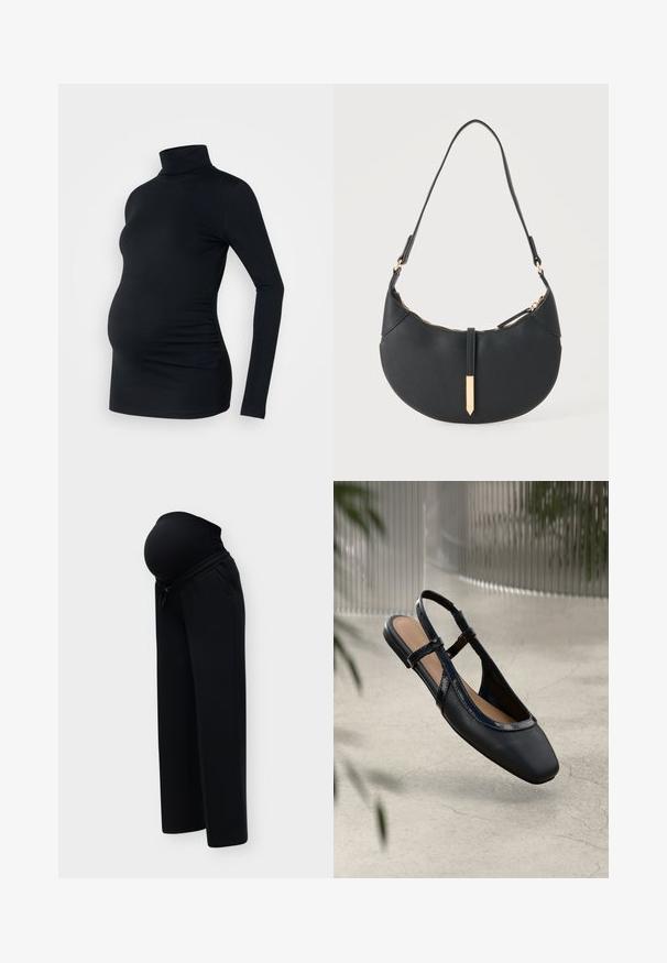 Haut à manches longues noir à col roulé en tissu extensible, conçu pour accueillir un ventre de femme enceinte, avec des détails de fronces sur les côtés.; Pantalon de maternité noir avec une ceinture haute extensible conçue pour soutenir un ventre de femme enceinte, présenté sur un fond clair uni.; Chaussure plate slingback en cuir noir avec un orteil carré, dotée d'un fini verni brillant et de sangles ajustables pour un maintien sécurisé.; Sac à main noir en forme de croissant avec une bandoulière unique, une fermeture éclair dorée et une languette décorative rectangulaire dorée à l'avant.