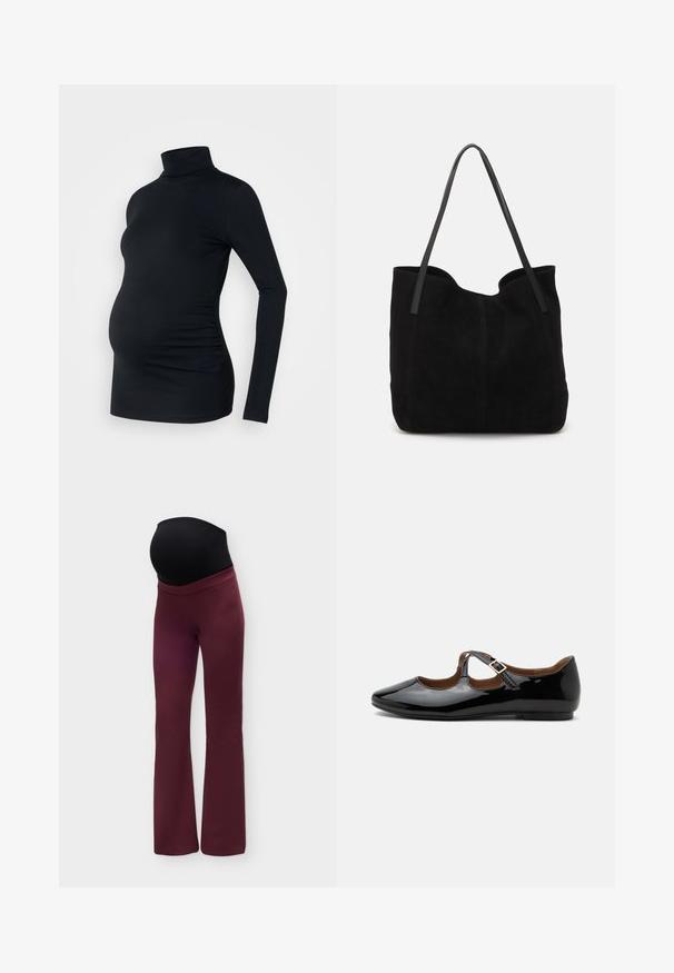 Top negro de manga larga con cuello de tortuga, fabricado con un material elástico, diseñado para adaptarse a una barriga de embarazada, con detalle de fruncido lateral.; Pantalones de embarazo elásticos con piernas acampanadas en color burdeos y un panel negro sobre el vientre para un soporte cómodo durante el embarazo.; Zapato plano Mary Jane de charol negro con dos recortes y una correa con hebilla dorada sobre fondo blanco.; Bolso de mano de ante negro con dos correas de cuero largas y planas. Presenta un borde superior curvado y costuras visibles en la parte frontal. Sin acentos de metal.