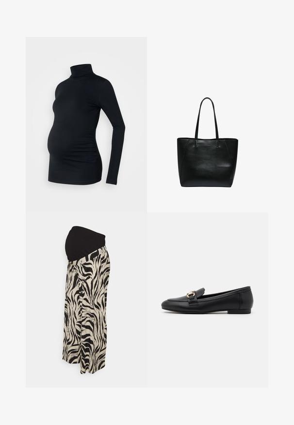 Mustast pikast varrukaturtleneck särk venivast kangast, mis on loodud raseda kõhu mahutamiseks, külgedel rüssimistooted.; Anna Field MAMA Püksid - black/off-white; Mustad nahast loaferid lameda tallaga, mille esiosas on dekoratiivne kuldne pandla element ja veidi ümar nina.; Mustmustest mustkott kahe õlapaelaga. Omab sileda tekstuuri ja struktureeritud disaini, millel on kõverad õmblusaktsendid.