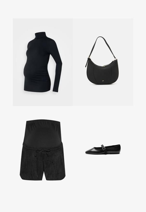 Sort langærmet turtleneck top i strækbart stof, designet til at rumme en gravid mave, med detaljeret side ruching.; Sorte graviditetsshorts med et tekstureret design, snørelukning i taljen og en glat, elastisk talje. Blødt stof for komfort.; Sorte flade sko lavet af læder med spidse tæer, justerbar rem med metalspænde, glat tekstur og minimalistisk design.; Sort læderhåndtaske med en buet form, struktureret overflade, forreste syninger og et logo i guldfarve. Har en enkelt justerbar rem.
