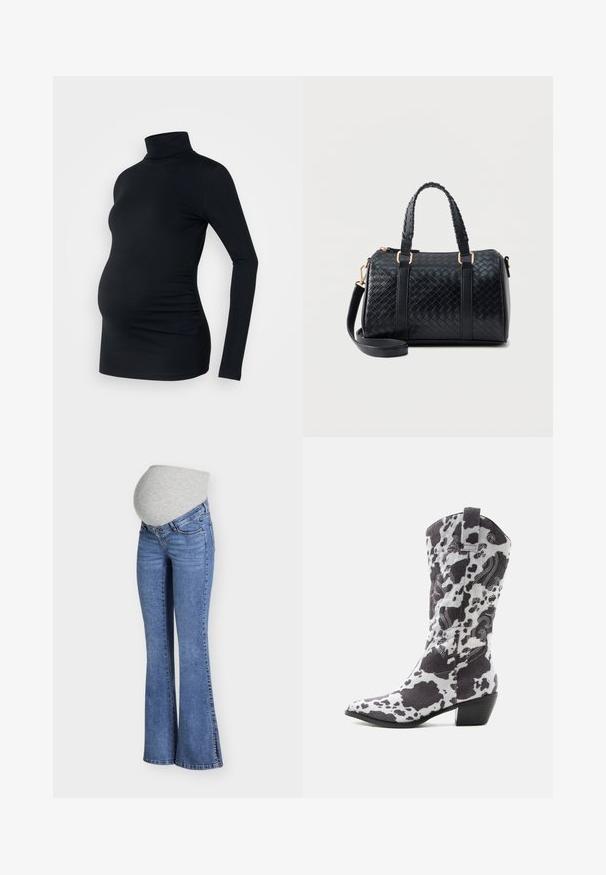 Sort langærmet turtleneck top i strækbart stof, designet til at rumme en gravid mave, med detaljeret side ruching.; Blå slagte graviditetsjeans med en elastisk grå talje, designet til at rumme en gravid mave.; Cowboystøvle med ko-print, midt på læggen, spids tå, blokhæl, dekorerende hvide syninger og trækstrop på lys baggrund.; Sort læderhåndtaske med flettet mønster, to korte håndtag og aftagelig lang rem, placeret mod en ensfarvet lys baggrund.