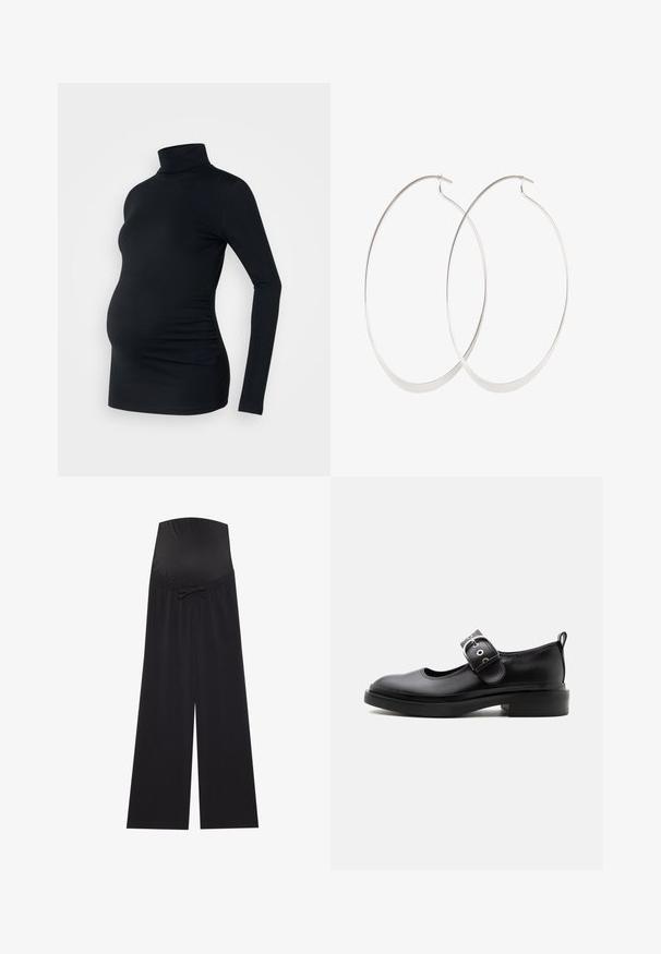 Zwarte lange mouwen turtleneck top van rekbaar materiaal, ontworpen om een zwangere buik te accommoderen, met ruching details aan de zijkanten.; Zwarte zwangerschapsbroek met een brede, rekbare tailleband en een strikaccent. Gemaakt van een zachte stof, met een losse, wijde broekspijp.; Zwarte leren Mary Jane-schoen met dikke zool, afgeronde neus, zilveren gespsluiting en een treklus aan de achterkant.; Zilveren oorringen met een dun, glad ontwerp; langwerpige ovale vorm; gepolijste afwerking; voorzien van een veilige haaksluiting.