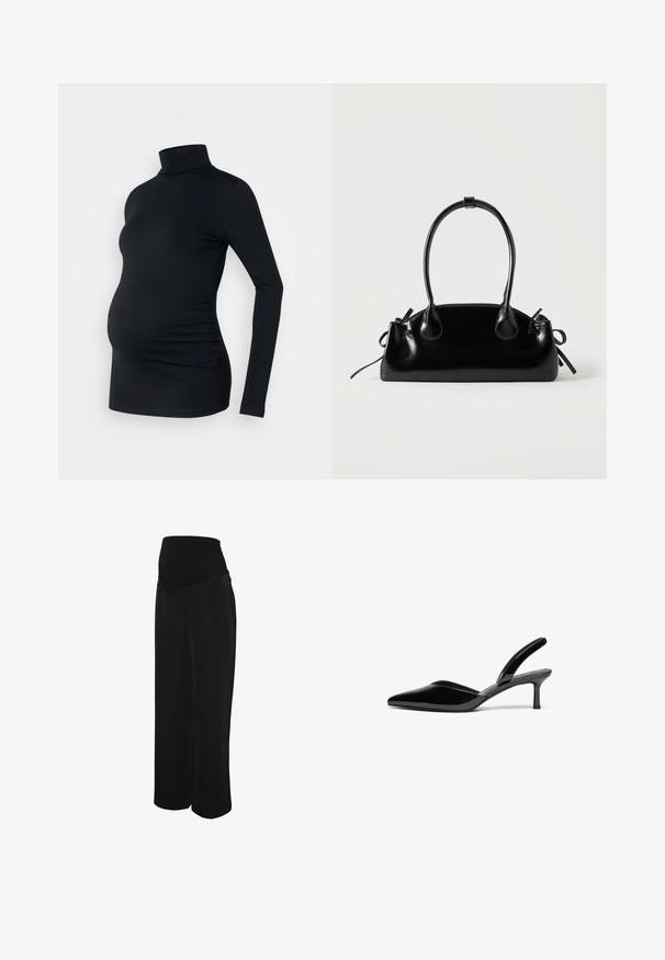 Top negro de manga larga con cuello de tortuga, fabricado con un material elástico, diseñado para adaptarse a una barriga de embarazada, con detalle de fruncido lateral.; Pantalones negros de pierna ancha con una pretina alta y elástica, hechos de tela suave. Presentan una textura lisa y costuras limpias y a medida.; Tacones slingback de charol negro con punta afilada, tacón de aguja bajo y un diseño elegante y simple sin adornos.; Pequeño bolso negro brillante con dos asas largas y detalles de cordón lateral sobre un fondo claro liso.