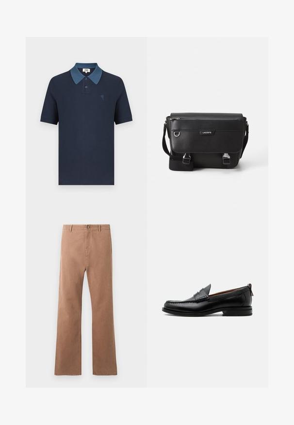 Polo azul marino con cuello azul a contraste, mangas cortas, tejido texturizado y un pequeño diseño de corazón bordado en el pecho.; Pantalones rectos marrones de algodón. Cuentan con un cierre de botón, bolsillos frontales y costuras visibles a lo largo de las costuras.; Mocasín de hombre de piel negra con costura moc toe, tira penny, cuello texturizado y tacón bajo apilado sobre fondo blanco.; Bolso mensajero Lacoste negro texturizado con correa ajustable, tapa frontal, bolsillo con cremallera y cierres de hebilla metálica.