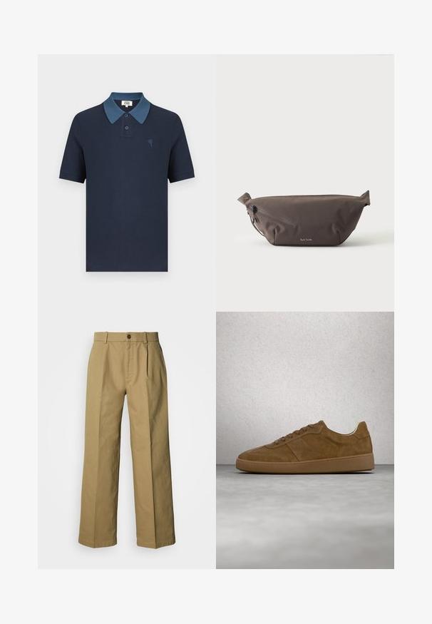 Marineblå poloshirt med en kontrasterende blå krave, korte ærmer, tekstureret stof og et lille broderet hjerte på brystet.; Beige bukser med vidde i benene, lavet af bomuld, med knappelukning foran, tre læg og lige kanter for en afslappet pasform.; Brun ruskindsneaker med tanfarvede snørebånd og gummisål. Har en rundet snude og synlige stikninger på overdelen. Letvægtsdesign.; Mørkebrun stof talje taske med diagonalt lynlåslomme og lille hvidt logo på fronten, sat mod en ensfarvet lys baggrund.