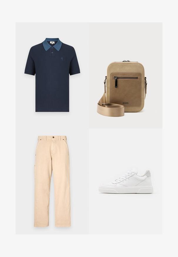 Marineblå poloshirt med en kontrasterende blå krave, korte ærmer, tekstureret stof og et lille broderet hjerte på brystet.; Beige bomuldsbukser med lige ben, der har sidelommer, bæltestropper og knaplukning foran. Glat tekstur, minimalistisk design.; Hvide lædersneakers med en glat finish, rund tå, flade snørebånd og en struktureret sål. Grå ruskindsdetalje ved hælen.; Lille beige crossbody-taske med lynlåslomme foran, metal ALDO-logo, justerbar bred rem og rundet rektangulær form på hvid baggrund.