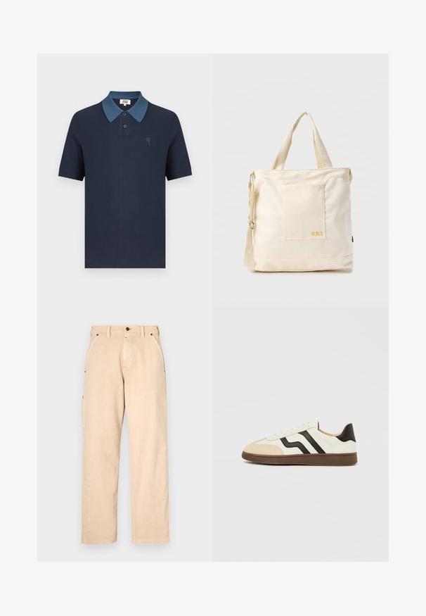 Marineblauw poloshirt met een contrasterende blauwe kraag, korte mouwen, gestructureerde stof en een klein geborduurd hartontwerp op de borst.; Beige katoenen pantalons met rechte pijpen, voorzien van zijzakken, riemlussen en een knoopsluiting aan de voorkant. Glad textuur, minimalistisch design.; Witte lederen sneaker met zwarte strepen en een lichtbruine suède neuskap. Rubberzool in donkerbruin. Veters en een gewatteerde kraag maken het ontwerp compleet.; Crèmekleurige canvas boodschappentas met voorvak, twee handvatten, verstelbare schouderriem en kleine gele "O.N.S" tekst rechtsonder op het vak.