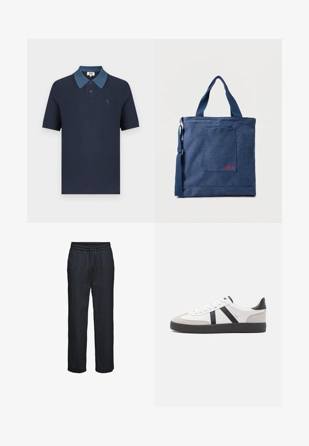 Marineblauw poloshirt met een contrasterende blauwe kraag, korte mouwen, gestructureerde stof en een klein geborduurd hartontwerp op de borst.; Zwarte losse broek met elastische tailleband en aantrekkoord, rechte pijpen, gemaakt van lichtgewicht stof.; Witte sneaker met zwarte en grijze accenten, voorzien van een grijze neus met textuur, zwarte rubberen zool en platte witte veters. Schoon ontwerp, minimalistische stijl.; Blauwe canvas tas met voorvak en rode "O.N.S" borduring, voorzien van dubbele handvatten en een verstelbare schouderriem.