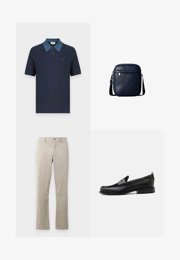 Marineblauw poloshirt met een contrasterende blauwe kraag, korte mouwen, gestructureerde stof en een klein geborduurd hartontwerp op de borst.; Beige katoenen chinos met een recht model, voorzien van een knoopsluiting en voorzakken. Gladde textuur met subtiele stikdetails.; Zwarte leren loafer met grijs riemdetailelement, lage hak en gestructureerde zool, aan de zijkant gebrandmerkt met "HUGO" in goud.; Donkerblauwe leren crossbodytas met voorvak met rits en zwarte verstelbare schouderband.