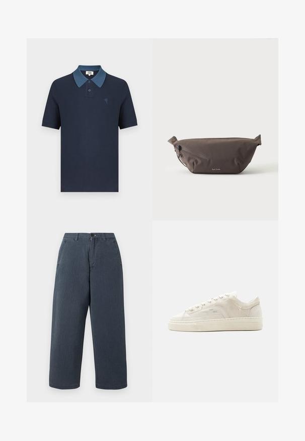 Polo azul marino con cuello azul a contraste, mangas cortas, tejido texturizado y un pequeño diseño de corazón bordado en el pecho.; Pantalones de pierna ancha en azul marino, confeccionados en algodón con un acabado texturizado. Cuentan con trabillas para cinturón y bolsillos laterales. Corte recto con bordes dobladillados.; Zapatilla blanca de caña baja con cierre de cordones, parte superior de tela texturizada y suela gruesa de goma, mostrada desde el lado exterior sobre un fondo llano.; Riñonera de tela marrón oscuro con bolsillo diagonal con cremallera y pequeño logo blanco en el frontal, sobre un fondo liso y claro.
