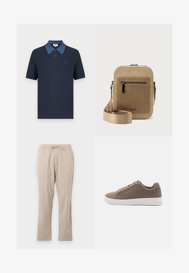 Marineblå poloshirt med en kontrasterende blå krave, korte ærmer, tekstureret stof og et lille broderet hjerte på brystet.; Beige, lette bukser med elastisk talje, frontlommer og snor. Glat tekstur og lige ben-design.; Brune ruskinds sneakers med flade hvide gummisåler, snørelukning, rund tå og en glat overflade. Minimalistisk stil med diskrete syninger.; Lille beige crossbody-taske med lynlåslomme foran, metal ALDO-logo, justerbar bred rem og rundet rektangulær form på hvid baggrund.