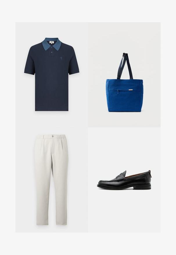 Marineblå poloshirt med en kontrasterende blå krave, korte ærmer, tekstureret stof og et lille broderet hjerte på brystet.; Lyse beige bukser med løs pasform og let skær, med elastisk talje, forlommer og et taperet ben design.; Sort læder herre loafer med moc-tå syning, penny strop, struktureret krave og lav stablet hæl på hvid baggrund.; Blå lærredstaske med lynlåslomme foran, dobbelte skulderremme og rektangulær form. Har en diskret mærkeetiket.