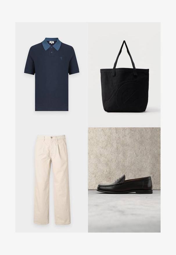 Marineblå poloshirt med en kontrasterende blå krave, korte ærmer, tekstureret stof og et lille broderet hjerte på brystet.; Beige brede bukser med høj talje, der har folder foran, en knappelukning foran og et glat bomuldsstof.; Sort læder penny loafer med lav hæl, rundet tå og syningsdetaljer langs fronten og siderne, vist på neutral baggrund.; Sort canvas-tote-taske med to skulderstropper og et diskret præget cirkeldesign på fronten.