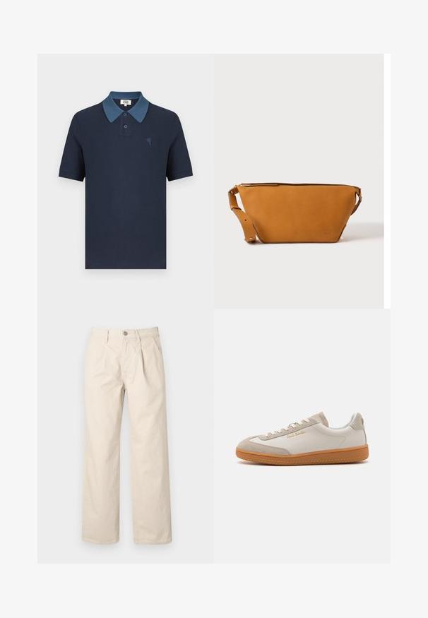 Marineblå poloshirt med en kontrasterende blå krave, korte ærmer, tekstureret stof og et lille broderet hjerte på brystet.; Beige brede bukser med høj talje, der har folder foran, en knappelukning foran og et glat bomuldsstof.; Hvide og beige lavtoppede sneakers med gummisål, hvide snørebånd, detaljer i ruskind og guld "Paul Smith" logo på siden.; Lys brun læder crossbody taske med justerbar rem og lynlås, vist mod en ensartet lys baggrund.