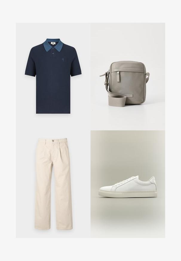 Polo azul marino con cuello azul a contraste, mangas cortas, tejido texturizado y un pequeño diseño de corazón bordado en el pecho.; Pantalones de pierna ancha beige con cintura alta, que cuentan con pliegues frontales, cierre con botón en la parte delantera y una suave tela de algodón.; Zapatilla blanca de perfil bajo con cordones en la parte delantera y suela gruesa, mostrada de lado sobre un fondo neutro.; Bolso cruzado gris con una textura suave, forma rectangular, correa ajustable, bolsillo con cremallera en la parte frontal y un logotipo de marca sutil en la parte delantera.
