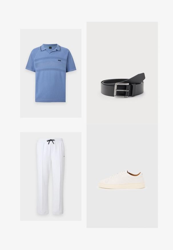 Polo en maille manches courtes bleu clair avec rayures horizontales texturées, col et ourlet côtelés, et petit logo noir "BOSS" sur la poitrine.; Pantalon blanc à jambes droites avec pli avant, taille élastique, cordon noir et petit détail logo sur la cuisse droite.; Baskets blanches basses avec un design à lacets, des détails de couture minimalistes, et une semelle couleur crème sur un fond gris clair.; Ceinture en cuir noir enroulée avec une boucle métallique rectangulaire argentée gravée "BOSS" sur un fond gris clair.