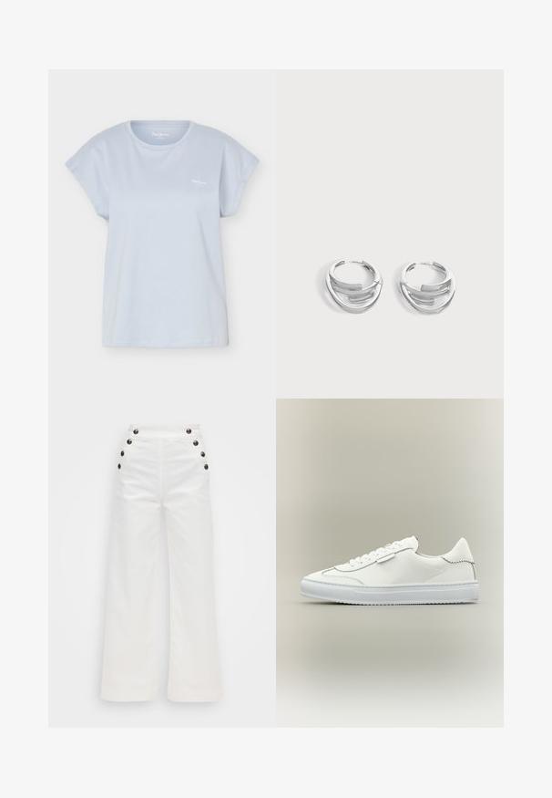 Camiseta de cuello redondo y manga corta en azul claro con pequeño logo blanco en el pecho izquierdo, mostrada sobre un fondo blanco.; Pantalones blancos de pierna ancha con cintura alta, cinco botones negros en cada lado y textura suave de tela de algodón. Diseño limpio, sin patrones.; Zapatilla deportiva blanca de caña baja con cierre de cordones, parte superior de cuero liso y suela de goma blanca texturizada sobre un fondo neutro.; Par de pendientes de aro plateados pulidos con diseño de barra curva en capas sobre un fondo claro y liso.