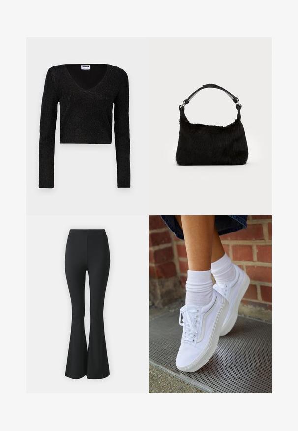 Musta pitkähihainen crop-top, jossa on V-kaula-aukko, teksturoitu kangas kuvioineen ja kireä malli. Pehmeä materiaali, jossa on hieno kiilto.; Musta levenevä housut, jotka on valmistettu joustavasta kankaasta. Ominaisuuksia ovat korkea vyötärö ja sileä, istuva muotoilu, joka levenee polvista alaspäin.; Valkoiset kangaskengät kumipohjilla, joissa on kuusi silmukkaa, pyöreä kärki ja vaaleat ompeluseikat, yhdistettyinä valkoisiin nilkkasukkiin.; Musta tekoturkishandbag, jossa on pehmeä rakenne, pyöreä muoto ja tukeva musta nahkaremmi. Hopeiset metalliosat näkyvissä.