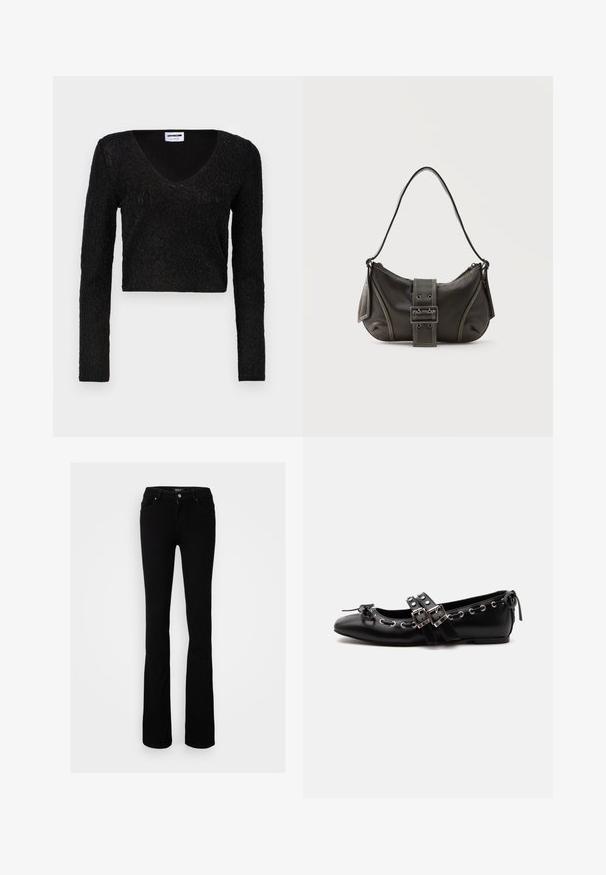 Musta pitkähihainen crop-top, jossa on V-kaula-aukko, teksturoitu kangas kuvioineen ja kireä malli. Pehmeä materiaali, jossa on hieno kiilto.; Mustat stretch-denimi leveälahkeiset farkut, joissa on nappikiinnitys, neljä taskua ja sileä pinta, suunniteltu istuvan siluetin luomiseksi.; Musta tavallinen balettitossu, joissa on kaksoissolkihihnat, hopeiset silmät, ja pieni rusetti pyöristetyn varpaan lähellä valkoisella taustalla.; Musta nahkainen olkalaukku, jossa solkikiinnitys, pyöristetyt reunat ja vastavärinen valkoinen ommel yksivärisellä taustalla.