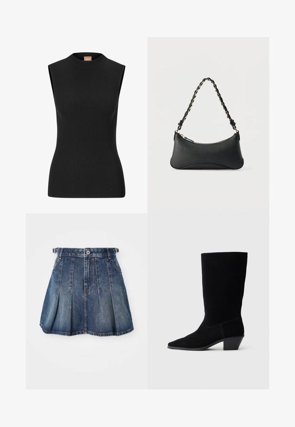 Ermeløs sort ribbet top med høj hals og figursyet pasform, lavet af strækbart materiale. Har minimal branding på nakken.; Denim midi-nederdel med en mørkeblå vask, plisseret design, knaplukning og bæltestropper. Har diskrete syninger som accent og sidelommer.; Sort ruskind ankelstøvle med spidse tæer, mellemhøj skaft og en chunky hæl. Fuldender et minimalistisk design med lidt syninger og en glat tekstur.; Sort skuldertaske i læder med en buet rektangulær form, gyldent kæde vævet ind i en flettet sort rem og toplynlås.