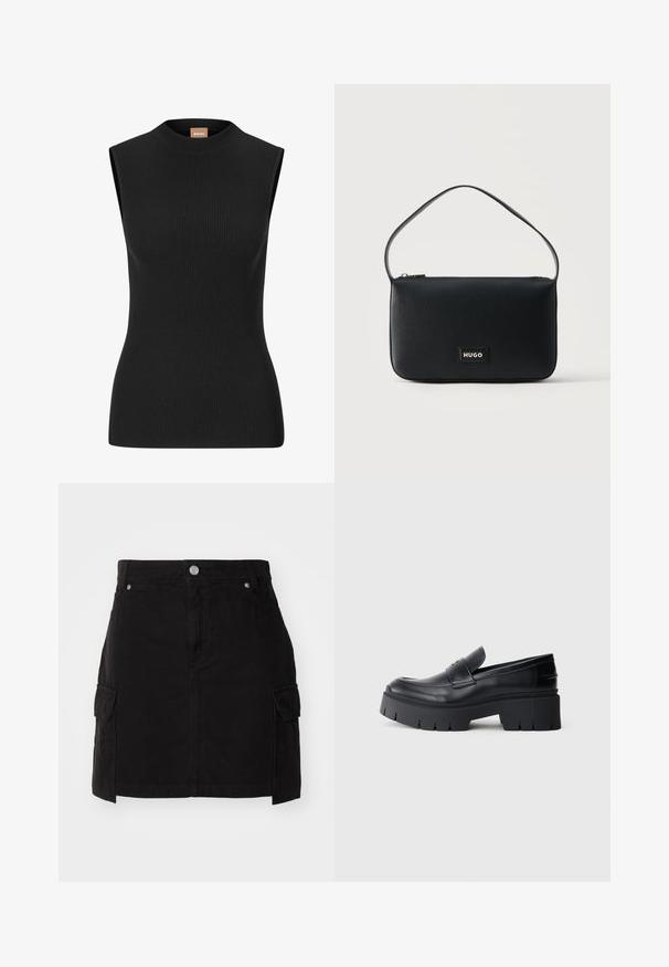 Ermeløs sort ribbet top med høj hals og figursyet pasform, lavet af strækbart materiale. Har minimal branding på nakken.; Sort denim nederdel med en tætsiddende silhuet, frontknaplukning og to sidelommer. Designet med stikninger.; Sort klodset platform loafers med glat læderoverdel, dekorativ rem og tyk struktureret sål på hvid baggrund.; Sort rektangulær skuldertaske i læder med en lille guld "HUGO" logo-patch og en enkelt tynd rem.
