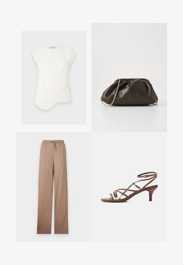 Haut blanc sans manches de style portefeuille avec ourlet asymétrique et léger drapé, étiqueté Anna Field, présenté sur un fond uni.; Pantalon beige à jambe large avec taille élastique et cordon de serrage, en tissu léger, présenté à plat sur fond blanc.; Sandale marron à fines brides, boucle à la cheville et talon de hauteur moyenne, vue de côté sur fond blanc.; Sac à main en cuir marron avec un design froncé, une bandoulière en chaîne dorée et une finition douce et texturée. Sa forme compacte est idéale pour une utilisation en soirée.