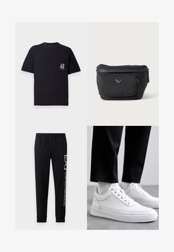 T-shirt en coton noir avec col rond et manches courtes. Présente une poche poitrine avec le logo blanc "A/X". Texture lisse, coupe décontractée.; Pantalons de survêtement noirs en mélange de coton, dotés d'une taille élastique, de jambes fuselées, de poignets côtelés et d'un imprimé logo blanc sur le côté.; Baskets blanches en cuir avec une semelle en caoutchouc plat, présentant une finition lisse, un bout rond et des œillets en métal pour les lacets. Portées avec un pantalon noir.; Sac banane noir avec poche avant zippée et logo aigle argenté, tissu lisse avec bordure texturée et tirettes de fermeture éclair.