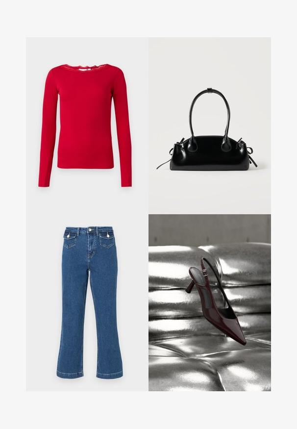 Rød langærmet top lavet af ribbet stof, med en bølget blondesnøre. Enkel design med en tætsiddende silhuet.; Højtaljede, vidde blå jeans i denim med syninger, to forlommer og lukning med knap. Blød tekstur, standard længde.; Blank mørkerød slingback højhælet sko med spids tå, vist på en skinnende sølvfarvet polstret læderoverflade.; Lille sort blank håndtaske med to lange håndtag og snøre-detaljer i siden på en ensfarvet lys baggrund.