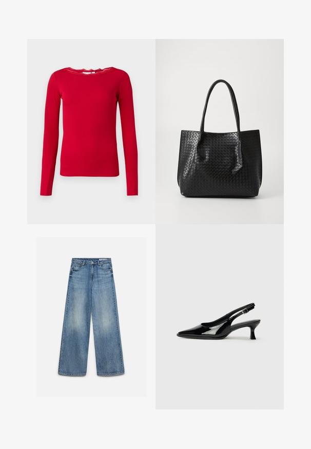 Rød langærmet top lavet af ribbet stof, med en bølget blondesnøre. Enkel design med en tætsiddende silhuet.; Blå vidde jeans med falmet effekt foran, forreste knap, lynlås og forlommer med bæltestropper.; Sorte patenterede slingback-sko med spidse tæer og lav blokhæl. Justerbar spænde-rem ved anklen.; Sort vævet læder tote bag med to håndtag, struktureret form og subtil glansfinish på en ensfarvet lys baggrund.
