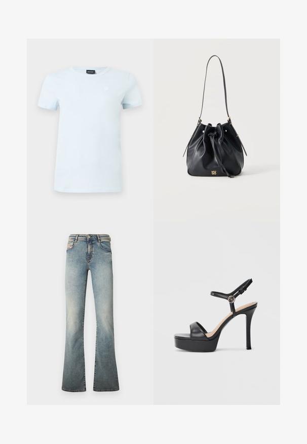 T-shirt bleu clair à manches courtes et col rond, avec un petit logo blanc sur le côté gauche de la poitrine et une étiquette de marque noire à l'intérieur du col.; Jean évasé bleu clair en denim, doté de cinq poches, d'une fermeture par bouton et d'un effet délavé subtil sur les jambes.; Sandales à plateforme noires avec un talon haut stilettos, dotées d'une tige en cuir lisse, d'un bout ouvert et d'une bride de cheville ajustable avec ferrures.; Sac seau en cuir noir avec fermeture à cordon, une seule bandoulière et petit logo doré "HUGO" au centre devant.